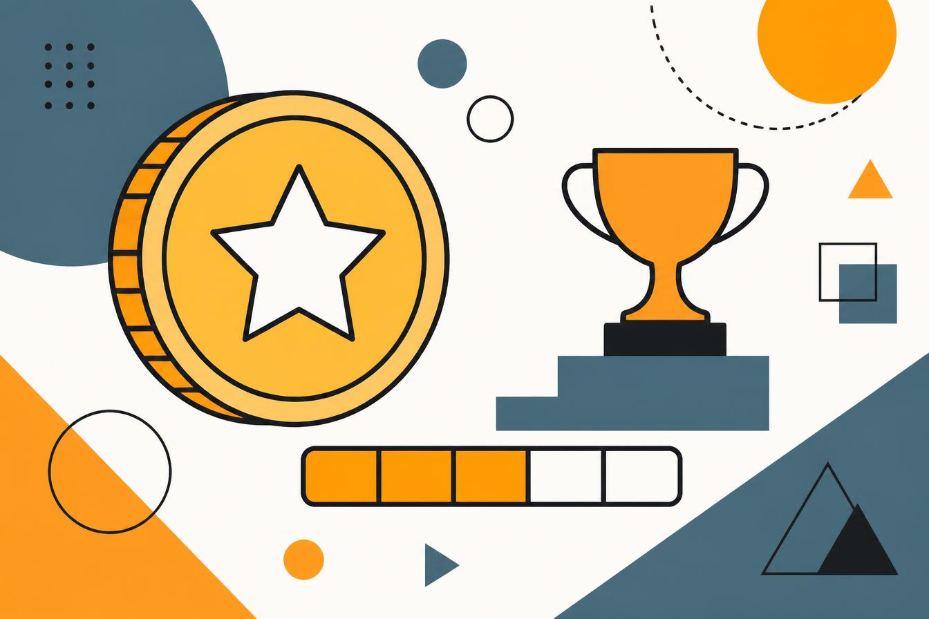 Ilustração retrô minimalista de moedas, troféus e progresso